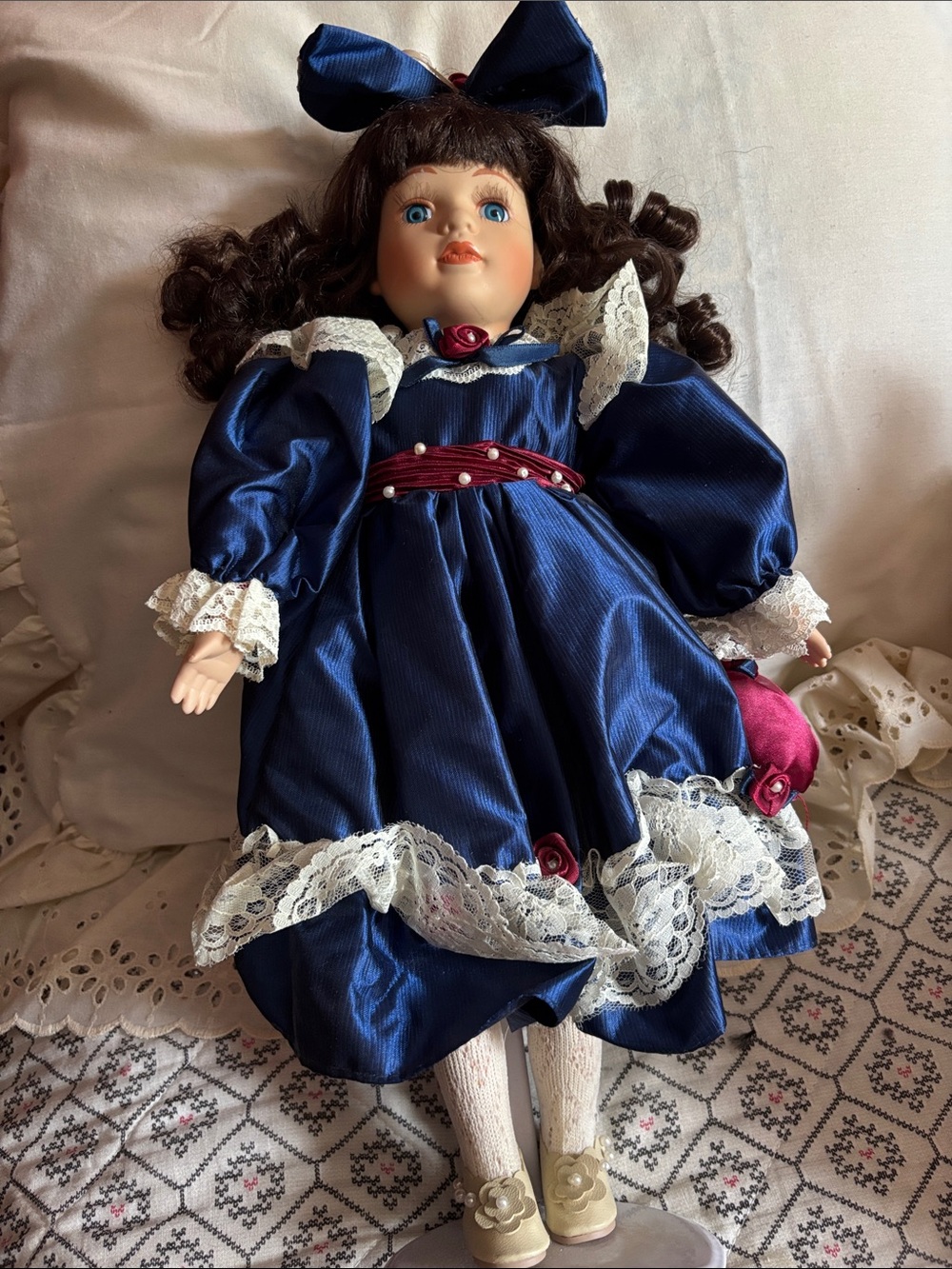 Vintage Classic Porcelain Doll in Blue Dress lace and burgundy accents w/a stand